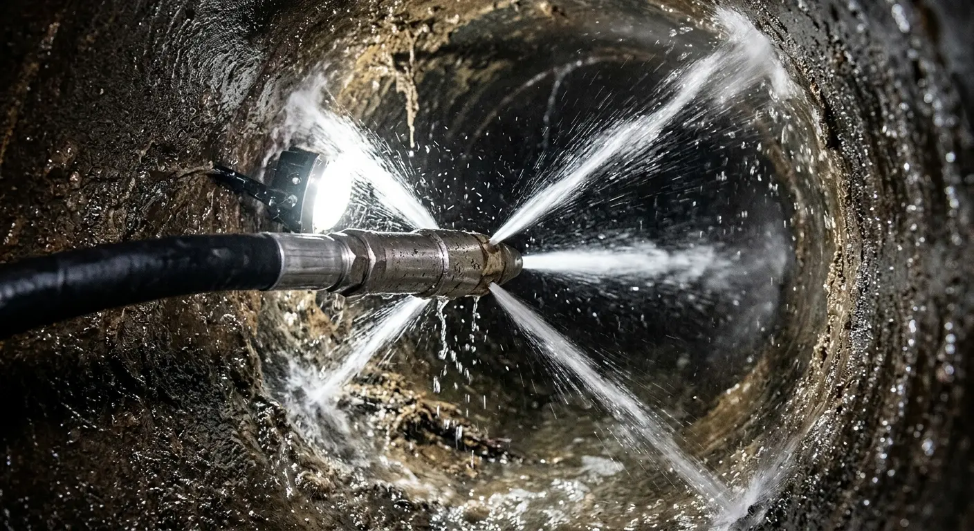 High-pressure hydro jetting nozzle cleaning sewer pipe for Emergency Drain Service in Salisbury