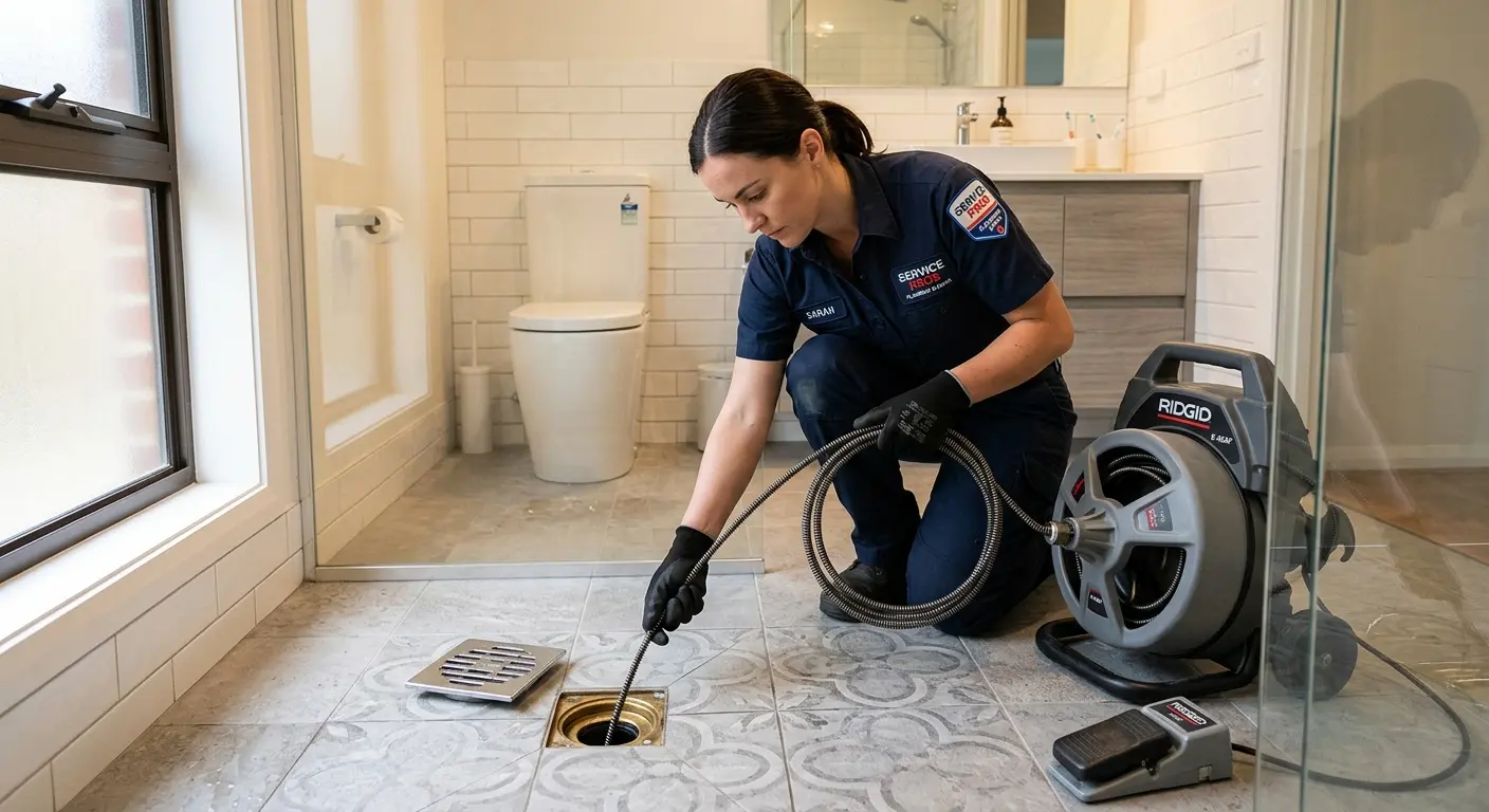 Technician clearing a bathroom floor drain for Drain Cleaning in Salisbury